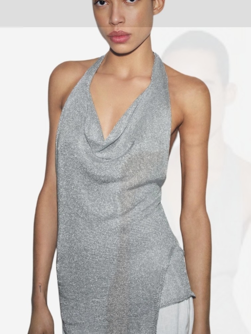 Zara Silver One-Shoulder Cowl Halter Dress